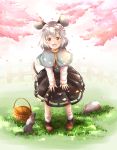  1girl animal_ears basket bending_forward black_dress brown_footwear capelet cherry_blossoms dappled_sunlight day dress eyebrows_visible_through_hair fang fence full_body grass grey_capelet grey_hair hair_between_eyes hands_on_own_knees jewelry looking_at_viewer mouse mouse_ears mouse_tail nazrin open_mouth outdoors pendant pendulum petals red_eyes saya_(yura0214) shadow short_hair solo standing sunlight tail touhou tree_branch white_legwear wooden_fence 