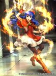  1girl black_legwear blue_eyes blue_hair book boots brown_footwear capelet dress fire fire_emblem fire_emblem:_fuuin_no_tsurugi fire_emblem_cipher full_body hat indoors lilina long_hair magic nintendo official_art open_mouth pantyhose red_headwear short_dress sleeveless smile solo tabard wada_sachiko watermark wrist_cuffs 