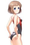  1girl ass black_swimsuit blue_eyes breasts brown_hair competition_swimsuit cowboy_shot frilled_square_(idolmaster) from_behind idolmaster idolmaster_cinderella_girls kudou_shinobu looking_at_viewer one-piece_swimsuit pataniito short_hair simple_background small_breasts solo standing swimsuit white_background 