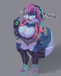  2019 big_breasts breasts canid canine clothing dj english_text eyewear female footwear fox fur glasses hair headphones legwear mammal open_mouth paladins pepper_(paladins) purple_fur ring shoes signirsol simple_background socks solo text tongue 