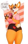 2019 aggressive_retsuko antelope anthro bovid butt cellphone clothed clothing dialogue digital_media_(artwork) english_text eyelashes female gazelle geeflakes hi_res holding_object holding_phone horn mammal open_mouth open_smile phone sanrio smile solo text tsunoda twitter v_sign 