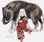  1girl 2019 animal bangs boar chinese_zodiac commentary_request floral_print highres hime_cut japanese_clothes kimono long_hair long_sleeves looking_at_viewer original oversized_animal parted_lips print_kimono shirone_(coxo_ii) simple_background solo very_long_hair white_background white_hair wide_sleeves year_of_the_pig 