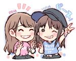  2girls ^_^ akb48 bangs black_headwear blue_shirt bracelet brown_hair cabbie_hat character_name chibi closed_eyes clothes_writing commentary_request double_v double_w eyes_closed grin hat jewelry katou_rena kizaki_yuria long_hair looking_at_viewer mole mole_under_mouth multiple_girls notice_lines pink_shirt real_life shirt short_sleeves smile t-shirt taneda_yuuta upper_body v v-shaped_eyebrows w 