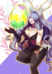  1girl absurdres animal_ears art_cerealex bare_shoulders bow bowtie breasts bunny_ears bunny_girl bunny_tail bunnysuit camilla_(fire_emblem_if) cleavage detached_collar fake_animal_ears fire_emblem fire_emblem_heroes fire_emblem_if fishnet_pantyhose fishnets hair_over_one_eye highres large_breasts leotard lips long_hair looking_at_viewer nintendo pantyhose purple_eyes purple_hair simple_background smile solo tail thighs very_long_hair wavy_hair 