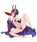  1girl bare_shoulders barefoot breasts fate fate/grand_order fate_(series) full_body headpiece highres horns japanese_clothes legs looking_at_viewer matching_hair/eyes navel open_mouth purple_eyes purple_hair short_hair shuten_douji_(fate/grand_order) simple_background sitting small_breasts solo spread_legs thick_eyebrows toes tongue tongue_out toriseru_(thesuperhero) white_background 