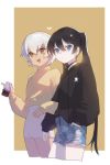  2girls :d anchovy_(artist) black_hair black_rock_shooter black_rock_shooter_(character) blue_eyes breasts cellphone choker dark_skin earrings eyebrows_visible_through_hair hair_between_eyes hand_in_pocket high-waist_shorts hood hoodie jewelry locked_arms looking_at_viewer multiple_girls open_mouth orange_eyes phone short_hair shorts sleeves_past_wrists smartphone smile strength_(black_rock_shooter) twintails white_hair white_skin 