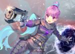  1girl aguy alternate_costume alternate_hairstyle anchor_symbol apex_legends bangs banner belt belt_buckle blue_hair blush bodysuit braid breasts buckle commentary_request cosplay cowboy_shot electricity eyebrows_visible_through_hair gloves grey_bodysuit gun hair_between_eyes hair_bun handgun holding holding_gun holding_weapon looking_at_viewer minato_aqua multicolored_hair open_mouth pants pink_hair portal_(object) purple_eyes ribbon scarf short_hair sidelocks small_breasts solo standing two-tone_hair utility_belt virtual_youtuber weapon wraith_(apex_legends) wraith_(apex_legends)_(cosplay) 
