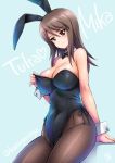  1girl alternate_costume animal_ears aqua_background arm_support bangs bare_shoulders black_leotard blush bow bowtie breasts brown_eyes brown_hair bunny_ears bunnysuit character_name cleavage clothes_tug collarbone covered_navel detached_collar eyebrows_visible_through_hair fingernails finnish_text fishnet_pantyhose fishnets girls_und_panzer hair_between_eyes heart highleg highleg_leotard impossible_clothes impossible_leotard invisible_chair kamogawa_tanuki large_breasts leotard long_hair looking_at_viewer mika_(girls_und_panzer) nail_polish pantyhose shiny shiny_hair shiny_skin side-tie_leotard signature simple_background sitting smile solo swept_bangs twitter_username wrist_cuffs 