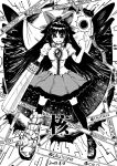  arm_cannon bird_wings black_hair black_legwear black_wings blackcat_(pixiv) bow breasts cape caution_tape chireiden control_rod dated dot_nose english_text frilled_shirt frills greyscale grin hair_bow loafers long_hair mismatched_footwear monochrome pointing pointing_up reiuji_utsuho shirt shoes short_sleeves single_shoe skirt smile starry_sky_print sun thighhighs third_eye touhou v-shaped_eyebrows weapon wings zettai_ryouiki 