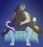  absurd_res anthro bed belly belly_grab black_fur blush bulge claws clothed clothing cybernetics digital_media_(artwork) duo fluffy fur grin hi_res lamp machine male male/male mammal muscular muscular_male on_lap overweight overweight_male pangolin protogen robot scales sitting sitting_on_lap skandy smile spread_legs spreading thefoxydragon topless underwear 