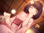  1girl blush brown_hair ceiling eyes_closed facing_viewer floral_print flower from_below hair_flower hair_ornament hand_up indoors japanese_clothes kimono mimikaki nyum original pink_kimono short_hair sitting smile solo stuffed_seal wide_sleeves 