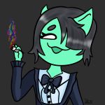  absurd_res anthro black_hair bow clothed clothing domestic_cat dress drugs eyebrows felid feline felis female fully_clothed fur green_fur hair happy hi_res mammal mynt_(character) paraphore smoke solo venasii 