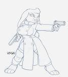  2019 angry anthro barefoot big_breasts breasts buckteeth chibi clothing coat dual_wielding ears_down female fingerless_gloves gloves gun handgun holding_object holding_weapon karin_(kencougr) kencougr lagomorph looking_aside mammal monochrome pistol rabbit ranged_weapon shorts simple_background solo teeth weapon 