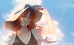  1girl anchovy_(artist) blue_sky blush breasts cloud earrings grin hat honkai_(series) honkai_impact_3 jewelry long_hair looking_at_viewer murata_himeko red_hair sky smile solo straw_hat yellow_eyes 