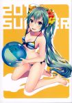  1girl absurdres ball bare_shoulders barefoot beachball bikini blush breasts flower green_eyes green_hair hair_flower hair_ornament hatsune_miku hibiscus highres holding holding_ball huge_filesize kneeling long_hair looking_at_viewer medium_breasts open_mouth scan shiomizu_(swat) side-tie_bikini smile solo striped_bikini_top swimsuit twintails very_long_hair vocaloid yellow_background 