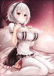 1girl apron azur_lane bangs black_choker blush breasts choker cleavage closed_mouth collarbone curtains dress frilled_dress frills hair_between_eyes hands_on_own_chest hands_up headdress highres indoors large_breasts light_particles looking_at_viewer maid maid_apron no_shoes pillow red_eyes red_ribbon ribbon ryara_vivi short_hair short_sleeves silver_hair sirius_(azur_lane) sitting smile solo thighhighs waist_apron wariza white_apron white_legwear 