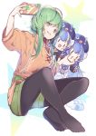  3girls belt black_legwear blue_hair blue_headwear carrot character_name cheek_pinching chibi commentary eel eel_hat eighth_note facial_tattoo full_body green_eyes green_hair gumi hat highres holding holding_phone knees_apart_feet_together leaning_forward long_hair looking_to_the_side multiple_girls musical_note orange_shirt otomachi_una pantyhose phone pinching shirt short_hair_with_long_locks shorts sidelocks sitting smile star t-shirt taking_picture tattoo v vocaloid wanaxtuco |_| 