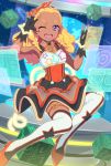  ;d amamiya_erena black_gloves blonde_hair braid commentary_request dark_skin detached_collar eyebrows fingerless_gloves full_body gloves hair_ribbon highres long_hair looking_at_viewer mole mole_under_eye one_eye_closed open_mouth orange_ribbon precure purple_eyes ribbon smile solo star star_twinkle_precure teeth thighhighs twin_braids uganda white_legwear 