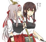  2girls akagi_(kantai_collection) blush bou_(wataame) bow_(weapon) breastplate brown_eyes brown_gloves brown_hair eyebrows_visible_through_hair gloves grey_hair hairband hakama_skirt holding holding_bow_(weapon) holding_weapon japanese_clothes kantai_collection long_hair looking_at_another multiple_girls muneate partly_fingerless_gloves petting red_hairband red_skirt shoukaku_(kantai_collection) simple_background single_glove skirt tasuki translation_request upper_body weapon white_background yugake 