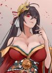  1girl ahoge azur_lane bare_shoulders black_hair breasts cleavage collarbone commentary_request eyebrows_visible_through_hair finger_to_mouth from_below hair_between_eyes hair_ribbon hand_up highres japanese_clothes kimono large_breasts long_hair long_sleeves looking_at_viewer looking_down marshall2033 mask mask_on_head obi off_shoulder open_mouth red_eyes red_kimono red_ribbon ribbon sash smile solo striped striped_ribbon taihou_(azur_lane) tied_hair twintails very_long_hair wide_sleeves 