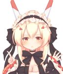  1girl :&lt; ayanami_(azur_lane) azur_lane bangs black_bow black_choker black_dress black_hairband blonde_hair blush bow breasts choker cleavage dress eyebrows_visible_through_hair frilled_hairband frills hair_between_eyes hair_bow hair_ornament hairband hairclip hands_up headgear long_sleeves medium_breasts parted_lips red_eyes sakurato_ototo_shizuku sidelocks simple_background sleeves_past_wrists solo triangle_mouth upper_body white_background wide_sleeves 