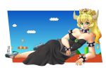  1girl bare_shoulders black_dress blonde_hair border bowsette bracelet breasts cleavage collar collarbone dress full_body godichi green_eyes grin high_heels highres horns jewelry lipstick long_dress long_hair looking_at_viewer lying makeup mario_(series) medium_breasts new_super_mario_bros._u_deluxe nintendo on_side ponytail smile solo spiked_armlet spiked_bracelet spiked_collar spikes strapless strapless_dress super_crown white_border 