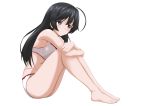  1girl ahoge bangs black_eyes black_hair blush bra closed_mouth eyebrows_visible_through_hair flatfield frilled_bra frilled_panties frills from_side girls_und_panzer gradient gradient_background grey_background highres isuzu_hana leg_hug light_smile long_hair looking_at_viewer no_shoes panties pantyhose shadow sitting solo thighband_pantyhose underwear underwear_only white_bra 