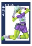  1girl absurdres belt bodysuit boots breastplate breasts character_name chirai collarbone dragon_ball dragon_ball_super dragon_ball_super_broly full_body gloves godichi green_skin highres kneeling looking_at_viewer medium_breasts purple_eyes short_hair short_sleeves silver_hair solo white_gloves 