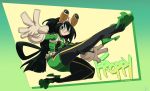  1girl asui_tsuyu belt black_eyes black_hair bodysuit boku_no_hero_academia boots breasts female frog_girl gloves goggles high_heel_boots high_heels liefeldian_abomination long_hair looking_at_viewer monster_girl solo thigh_boots thighhighs 