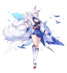  1girl aircraft airplane animal_ears ayan azur_lane bangs blue_eyes blue_skirt blunt_bangs blush breasts cleavage eyebrows_visible_through_hair fire flight_deck fox_ears fox_mask fox_tail full_body grin highres holding holding_mask japanese_clothes kaga_(azur_lane) kimono kneehighs large_breasts long_hair looking_at_viewer mask multiple_tails pleated_skirt rudder_footwear shikigami short_hair sidelocks simple_background skirt smile solo tail white_background white_hair white_kimono white_legwear wide_sleeves 