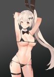  1boy ;q absurdres animal_ears armor arms_up bangs bikini black_bikini black_bow black_neckwear black_ribbon blush bow bowtie breasts brown_eyes bunny_ears closed_mouth commentary_request cowboy_shot detached_collar eyebrows_visible_through_hair fake_animal_ears five-seven_(girls_frontline) girls_frontline grey_hair hair_ornament hand_on_own_arm highres large_breasts long_hair looking_at_viewer micro_bikini multi-strapped_bikini navel one_eye_closed panties ponytail r.r_(yohanee) ribbon side-tie_bikini skindentation smile standing swimsuit thigh_strap tongue tongue_out underboob underwear very_long_hair 