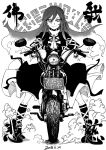  1girl black_footwear blackcat_(pixiv) boots cross-laced_clothes cross-laced_footwear dated dot_nose dress dust eyebrows greyscale ground_vehicle hair_between_eyes hijiri_byakuren juliet_sleeves knee_boots layered_dress license_plate long_hair long_sleeves looking_at_viewer monochrome motor_vehicle motorcycle praying puffy_sleeves smile sorcerer&#039;s_sutra_scroll touhou translation_request turtleneck_dress 