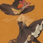  1girl breasts breath_of_fire breath_of_fire_v commentary_request dress halloween hat hortensia miche_(inu_gosho) short_hair solo thighhighs witch 
