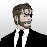 1boy beard big_boss brown_hair commentary_request eyepatch facial_hair formal male_focus metal_gear_(series) metal_gear_solid metal_gear_solid_3 mustache seven77 simple_background solo suit white_background 