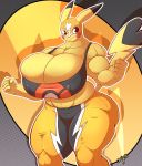  2018 anthro big_breasts breasts cleavage cleft_tail clothed clothing cosplay_pikachu dipstick_ears dipstick_tail female hi_res huge_breasts jaeh mammal mask multicolored_tail muscular muscular_female nintendo nipple_outline pikachu pikachu_libre pok&eacute;mon pok&eacute;mon_(species) rodent signature solo thick_thighs video_games 