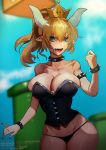  1girl armlet blonde_hair bowsette bracelet collar corset crown horns jewelry long_hair mario_(series) nintendo pointy_ears solo spiked_armlet spiked_bracelet spiked_collar spiked_tail spikes super_crown tail teeth underwear 