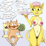  2019 areola breasts brown_body brown_fur cartoon_network cat_masterson_(regular_show) clothing crossover dbaru dialogue digital_media_(artwork) domestic_cat duo english_text eye_contact facial_hair felid feline felis female female_focus food fur holding_object katia_managan khajiit looking_aside male mammal mostly_nude mustache navel nipple_tape nude open_mouth pasties pizza prequel pubes regular_show sitting standing tape text the_elder_scrolls thong video_games yellow_body yellow_fur yellow_sclera 