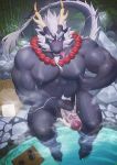  anthro barazoku beads biceps clothing dragon eastern_dragon facial_hair frde goatee horn hot_spring humanoid_penis kemono looking_at_viewer male muscular nipple_pinch nipples pecs penis pinch scalie solo tongue tongue_out translucent transparent_clothing underwear water 