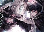  2boys @ ahoge artist_request black_hair black_headwear checkered checkered_scarf commentary_request danganronpa eyelashes grin hair_between_eyes hat holding holding_sword holding_weapon jacket katana long_sleeves looking_at_another male_focus multiple_boys new_danganronpa_v3 open_mouth ouma_kokichi pale_skin pink_eyes purple_hair saihara_shuuichi scarf school_uniform shirt short_hair smile straitjacket striped sword twitter_username upper_teeth weapon yellow_eyes z-epto_(chat-noir86) 