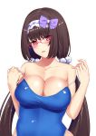  1girl bangs bare_shoulders blue_swimsuit bow breasts brown_hair cleavage collarbone eyebrows_visible_through_hair fate/grand_order fate_(series) glasses hair_bow hairband large_breasts long_hair low_twintails majin_(kiidoumajin) open_mouth osakabe-hime_(fate/grand_order) pink-framed_eyewear purple_bow red_eyes school_swimsuit solo swimsuit twintails white_hairband 