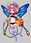  1girl absurdres breasts bug butterfly flower hair_flower hair_ornament highres insect medium_hair midriff navel original peiyu_zhou pink_hair small_breasts smile solo yellow_eyes 