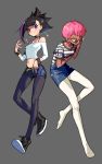  2girls black_hair breasts choker eyebrows glasses liline_(liline_01) long_hair multiple_girls original_character pink_hair purple_eyes shirt short_hair shorts simple_background smile yellow_eyes 