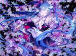  1girl banterin_(4473041) bare_shoulders black_background black_skirt blue_hair blue_nails blue_neckwear commentary detached_sleeves eyes_closed fingernails floating_hair floral_background flower hair_flower hair_ornament hand_on_own_chest hatsune_miku light_smile long_hair nail_polish necktie number_tattoo open_mouth outstretched_arm shirt shoulder_tattoo simple_background skirt sleeveless sleeveless_shirt solo tattoo thighhighs thighs twintails upper_body very_long_hair vocaloid white_flower white_shirt 