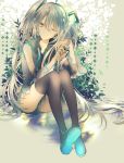  1girl ;| aqua_nails cacao_(chocotto) detached_sleeves expressionless fingernails full_body grey_background grey_hair grey_shirt hair_between_eyes hand_in_hair hatsune_miku legs_together long_hair looking_away nail_polish one_eye_closed shirt simple_background sitting solo thighhighs thighs twintails very_long_hair vocaloid 