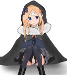 1girl :o abigail_williams_(fate/grand_order) atsumisu bangs between_legs black_bow black_cape black_footwear black_legwear black_skirt blonde_hair blue_eyes blush boots bow cape commentary_request crossed_bandaids dress_shirt eyebrows_visible_through_hair fate/grand_order fate_(series) fur_collar grey_skirt hair_bow hand_between_legs highres hood hood_up hooded_cape long_hair looking_at_viewer orange_bow parted_bangs parted_lips plaid plaid_skirt polka_dot polka_dot_bow shirt sitting skirt solo thighhighs unmoving_pattern white_background 