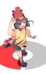  1girl absurdres bag beanie black_hair creatures_(company) eyebrows game_freak hat highres mizuki_(pokemon) nintendo open_mouth pokeball pokemon pokemon_(game) pokemon_sm shirt shoes short_hair solo 