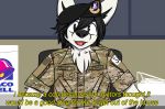  absurd_res air_force canid canine clothed clothing english_text forces fur hat hi_res male mammal military saintversa security solo taco_bell text uniform white_fur 