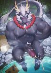  anthro barazoku beads biceps cum dragon eastern_dragon facial_hair frde goatee horn hot_spring humanoid_penis kemono looking_at_viewer male muscular nipple_pinch nipples pecs penis pinch scalie solo tongue tongue_out uncensored water 