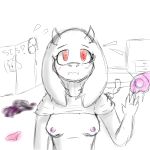  alternate_universe altertale anthro bed blush bovid bra breasts caprine clothing hoodie horn khamii mammal panties pink_eyes simple_background small_breasts standing tagme text toriel undertale underwear video_games white_background 