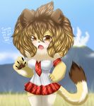  2019 alternate_species anthro big_breasts blush breasts claws clothed clothing digital_media_(artwork) english_text felid feline female fur furrification hair hi_res kemono_friends legwear lion lion_(kemono_friends) looking_at_viewer mammal multicolored_hair necktie open_mouth pantherine papilrux shirt short_hair simple_background skirt solo stockings text thigh_highs two_tone_hair yellow_eyes 